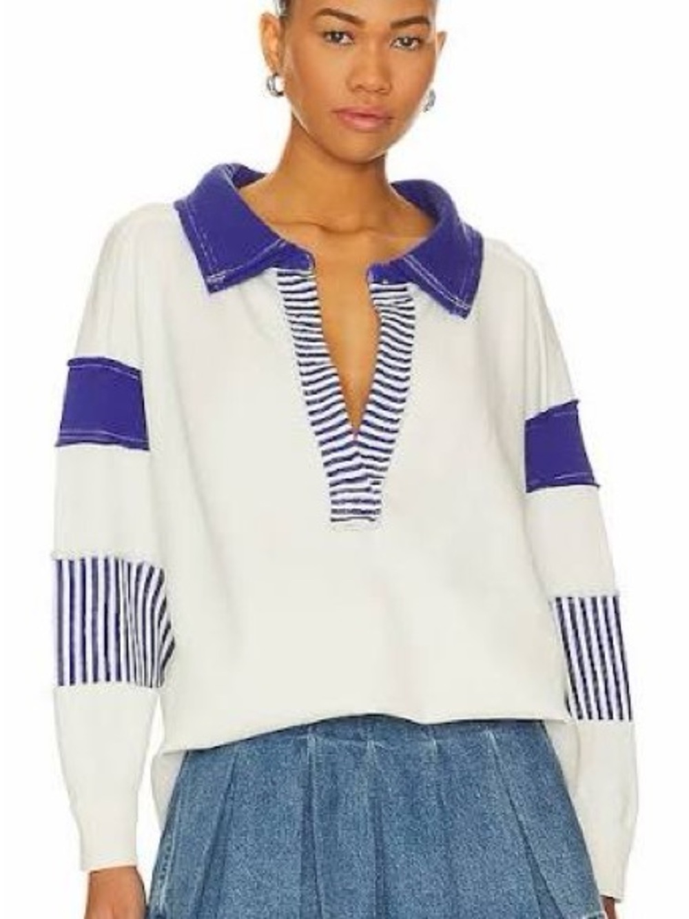We The Free White Pullover with Blue Collar & Stripe Accents